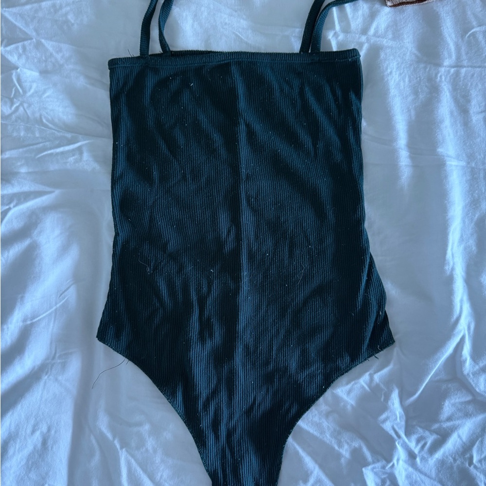Brandy Melville Black Ribbed One-Piece Bodysuit with Spaghetti Straps